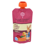 Peter Rabbit Organics baby food pouch with pink packaging and orange lid on a white background