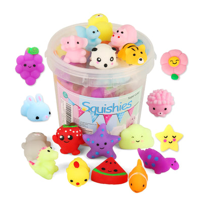 Assorted colorful squishies around a clear container labeled 'Squishies' on a white background