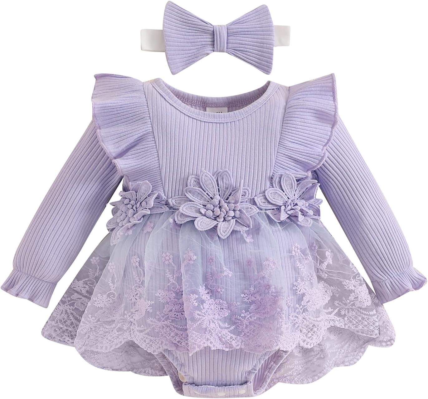 Baby Girl Romper Dress Baby Dress Romper Lace Flowers Infant Fall Winter Festival Clothes with Headband