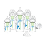 Set of Dr. Brown's baby bottles with various components on a white background