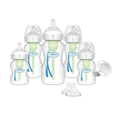 Set of Dr. Brown's baby bottles with various components on a white background