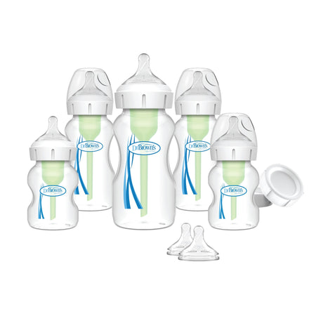 Set of Dr. Brown's baby bottles with various components on a white background