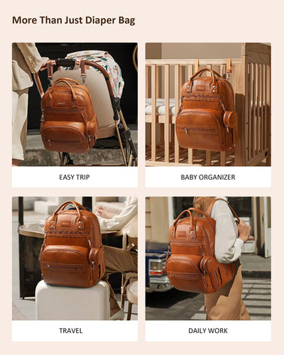 ROSEGIN Premium Vegan Leather Diaper Bag Backpack with Waterproof Changing Pad, Reinforced Zippers & Odor-Free, 20 Pockets Pro Organizer, Fits 15.6" Laptop, Stroller Straps, Baby Bag for Mom, Brown