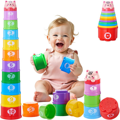 WEEJOYGAM Baby Stacking Cups, Nesting Stacking Toys for Toddlers 1-3, Infant Easter Basket Stuffers Birthday Gift 6 9 12 18 Month 1 Year Old Boy Girl, Kids Montessori Sand Bath Stackable Block Age 1-2