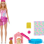 Barbie Puppy Pool Party Playset with Doll, Dog House and Slide, Heart Shaped Pool, Two Dog Figures, Six Accessories and Color Change, JBF35