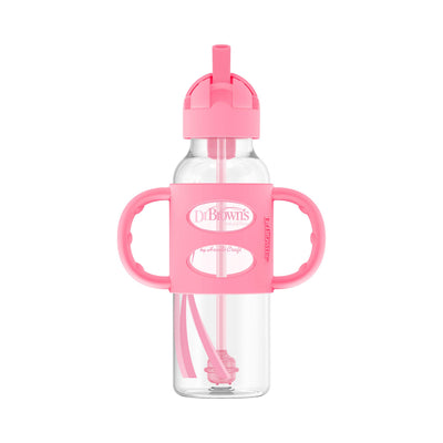 Pink sippy cup with clear body on a white background