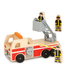 Wooden toy fire truck with firefighters and a ladder on a white background