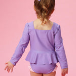 RuffleButts Girls UPF50+ Princess Dress-Up Long Sleeve Rash Guard 2-Piece Swimsuit - Amethyst Princess, 2T