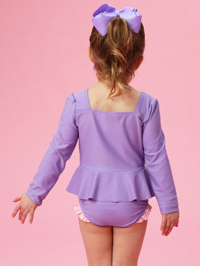 RuffleButts Girls UPF50+ Princess Dress-Up Long Sleeve Rash Guard 2-Piece Swimsuit - Amethyst Princess, 2T
