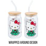Silver Buffalo Sanrio Hello Kitty in Christmas Tree Holiday Dress Glass Jar Tumbler with Bamboo Lid and Glass Straw, 16 Ounces