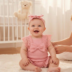 Renotemy Newborn Infant Baby Girl Clothes 0-3 Months Baby Girl Summer Outfit Infant Cotton Linen Romper Coming Home Newborn Essentials Outfits Gifts Pink Lace Sleeve Bodysuit Jumpsuit with Headband
