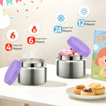 Aimsnk Magical Dinosaur Kids Lunch Box Set -12oz Insulated Food Jar, Leakproof Lunch Food Containers Cutlery, Leak-Proof Sauce Cup & Spoon, Purple+Jar