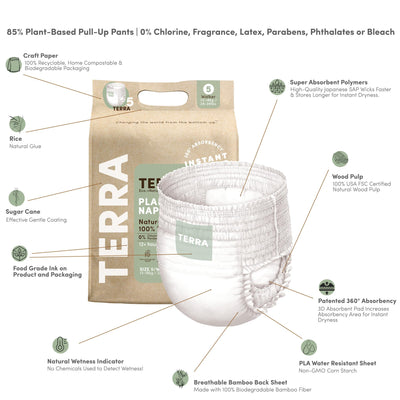 Terra Training Pants Size 5: 85% Plant Based Pull-Up Style Diapers, Ultra-Soft & Chemical-Free for Sensitive Skin, Superior Absorbency, Perfect Overnight Diapers, for Toddlers 28-39 Pounds, 14 Count