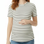 Motherhood Maternity Women's Short Sleeve Crew Neck Side Ruching Pregnancy Tee Shirt, Vanilla/Black Stripe, Large