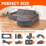 Fvkind 16pcs Modular Kids Play Couch, Kids Couch Building Fort for Playroom and Bedroom, Toddler Modular Play Sofa, Convertible Foam Sofa for Boys and Girls, Grey
