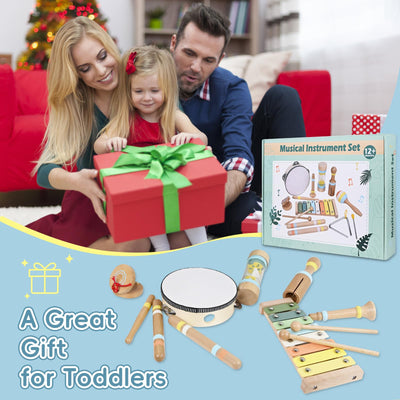 Baby Musical Instruments Set - 9pcs Neutral Colors Wooden Montessori Toys Percussion Music Modern Boho Xylophone Birthday Gifts for 1 2 3 Year Old Kids Toddlers Educational Birthday