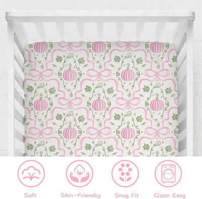 Fall Pink Pumpkins Bows Gingham Baby Crib Sheets for Girls Autumn Thanksgiving Harvest Soft Snug Fitted Crib Mattress Covers for 52''x28'' Standard Crib & Toddler Mattress Halloween Bed Sheets