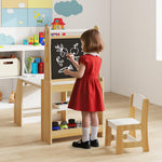 Costzon Kids Art Table and Chair Set, 4 in 1 Wooden Easel Activity Desk Set w/Whiteboard, Blackboard, Paper Roll, 2 Open Shelves & 2-Tier Bookshelf, Toddler Table and Chair for Drawing (Natural)