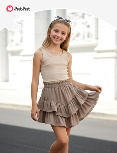 PATPAT Girls Skirt Sets Size 9-10, Khaki Crop Tank Tops + Pleated Skirts with Built in Shorts 2 Piece Outfits, Tween Girls Trendy Clothes Y2K Outfits Streetwear