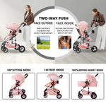 Kinder King 2 in 1 Convertible Baby Stroller, Folding High Landscape Infant Carriage, Newborn Reversible Bassinet Pram, Adjustable Canopy, Diaper Bag, Pink