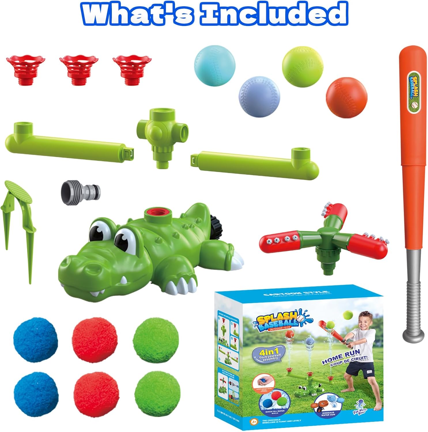 4-in-1 Kids Sprinkler Baseball & Water Ball Toy, Sprinkler with 3 Jets, 4 Baseballs & 6 Reusable Water Balls, Outdoor Summer Toys for Boys Girls Outside Yard Water Game Toys for Kids Ages 3-8