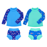 BIG ELEPHANT 2 Pcs Rash Guard Swim Diapers Sets for Unisex Baby, Boys Girls Long Sleeve Swimsuit with UPF 50+ Sun Protection Blue Shark
