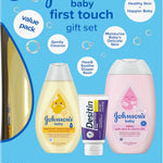 Johnson's First Touch Baby Gift Set, Baby Bath, Skin & Hair Essential Products, Kit for New Parents with Wash & Shampoo, Lotion, & Diaper Rash Cream, Hypoallergenic & Paraben-Free, 4 items