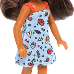Barbie Chelsea Doll, Small Doll Wearing Removable Blue Dress with Colorful Print & Pink Shoes, Brown Hair & Green Eyes