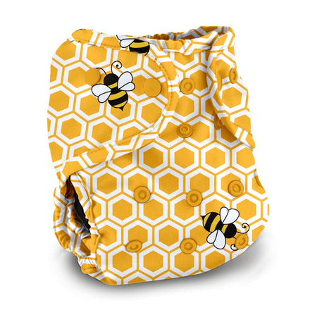 Yellow and white diaper with honeycomb pattern and bee illustrations on a white background