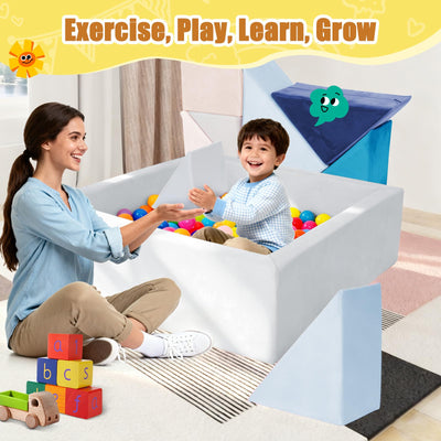 Tangram Puzzles modular kids play couch building fort, Children explorer sofa with Ball Pit, Kids playroom convertible furniture for Inspiring Child Creativity, Made entirely of sponge (Blue Series)