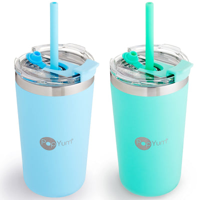 Two turquoise and light blue tumblers with straws on a white background