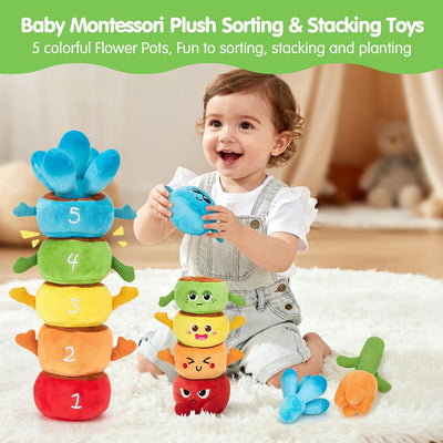 hahaland Montessori Toys for 1 Year Old Boy Girl – 10 in 1 Plant Plush Garden Stacking Toys for Toddlers 1-3 with Color Matching & Planting Play – Fine Motor, Sensory & Emotional Educational Toys