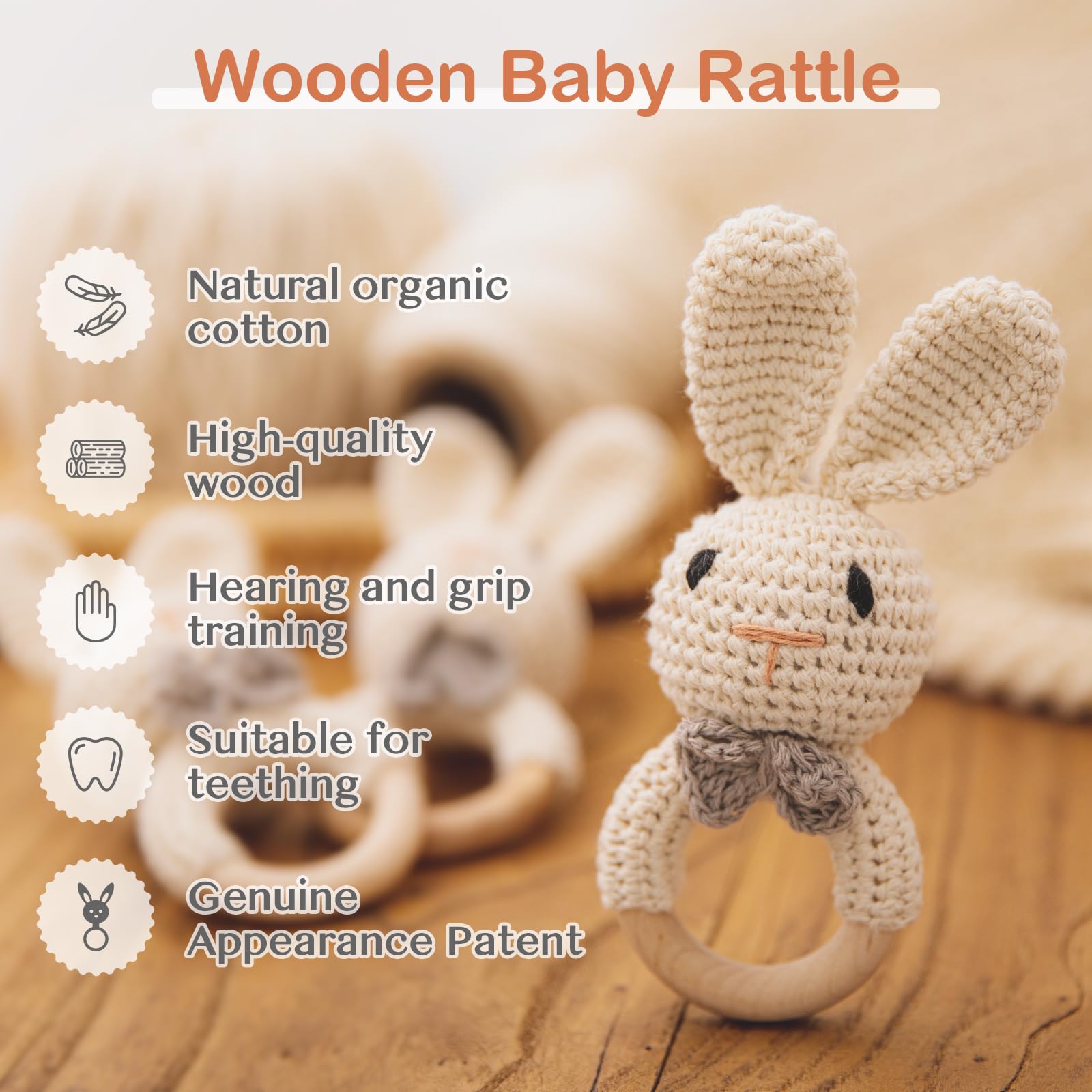 Handmade Crochet Easter Bunny Wooden Baby Rattle Toy for 0-6 Months - Organic Stuffed Animal for Newborn