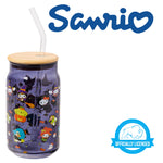 Silver Buffalo Sanrio Hello Kitty & Friends Halloween Kuromi, My Melody, Cinnamoroll, Chococat, Pompompurin, Keroppi, Tuxedo Sam, Badtz-Maru Glass Jar Tumbler w Bamboo Lid and Glass Straw, 16 Ounces