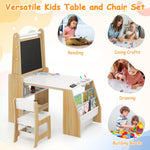 Costzon Kids Art Table and Chair Set, 4 in 1 Wooden Easel Activity Desk Set w/Whiteboard, Blackboard, Paper Roll, 2 Open Shelves & 2-Tier Bookshelf, Toddler Table and Chair for Drawing (Natural)