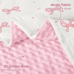 Bow Baby Blankets for Girls, Soft Nursery Minky Blankets with Muslin and Dotted Fleece Back 30x40 inches, Receiving Bed Quilt for Newborn, Infants, Toddlers