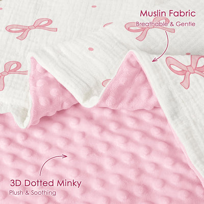 Bow Baby Blankets for Girls, Soft Nursery Minky Blankets with Muslin and Dotted Fleece Back 30x40 inches, Receiving Bed Quilt for Newborn, Infants, Toddlers