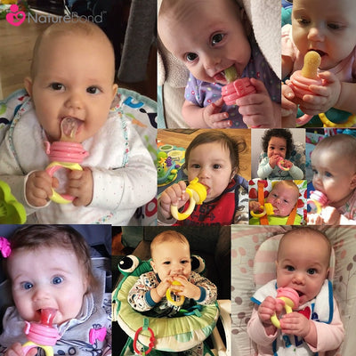 NatureBond Baby Food Feeder/Fruit Feeder Pacifier Nibbler (2 Pack) - Infant Teething Toy Teether Weaning in Appetizing Colors | + Additional Silicone Sacs