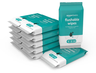 Amazon Basics flushable wipes packaging on a white background