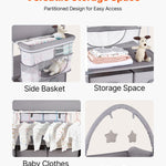 VEVOR Baby Changing Table, Foldable Diaper Change Station with 2 Fabric Drawers, Side Basket and Hanging Rod, Adjustable Height Changing Table with Lockable Wheels and 2 Star Toys, Light Gray