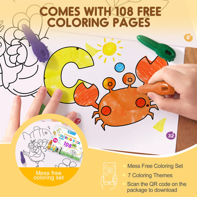 Mess Free Beeswax Crayons for Toddlers, Made with 100% Pure Beeswax-(12 Colors), Baby's First Non Toxic Washable Jumbo Crayons with 108 FREE Coloring Books PDF Pages, for Kids Ages1-3,2-4,4-8