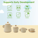 PlanToys Play Kitchen Tea Set Pretend Play Toys - Non-Toxic Wooden Tea Set for Kids and Toddlers