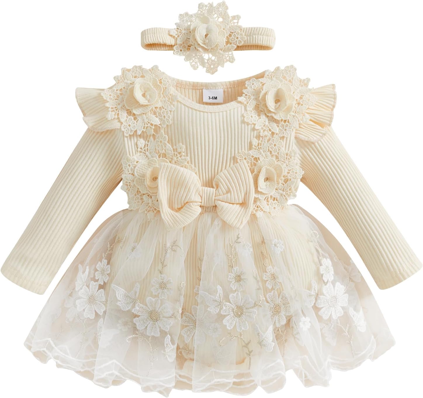 Baby Girl Romper Dress Baby Dress Romper Lace Flowers Infant Fall Winter Festival Clothes with Headband