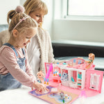 deAO Kids Dollhouse Playset Portable Dollhouse Toy Girls Pretend Playhouse with Furniture & Figures 2 in 1 Playhouse Set Birthday Toys for Age 3-6 Year Old Kindergarten Toddlers Preschoolers