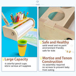 XDONEF Wooden Tabletop Paper Roll Dispenser with Roll 11.4inx98.4ft and Pencil Cups Craft Art Paper Roll Holder for Kids Desktop Easel for Drawing Painting Home Classroom