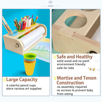 XDONEF Wooden Tabletop Paper Roll Dispenser with Roll 11.4inx98.4ft and Pencil Cups Craft Art Paper Roll Holder for Kids Desktop Easel for Drawing Painting Home Classroom