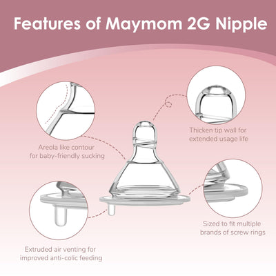 Maymom Wide-Mouth Milk Collection Storage and Feeding Bottle with Nipple, Pink Dome Cap, Bottle Top, SureSeal Sealing Disk; Compatible with Spectra Pump/Motif Luna; 2 pc (9Oz/280mL)