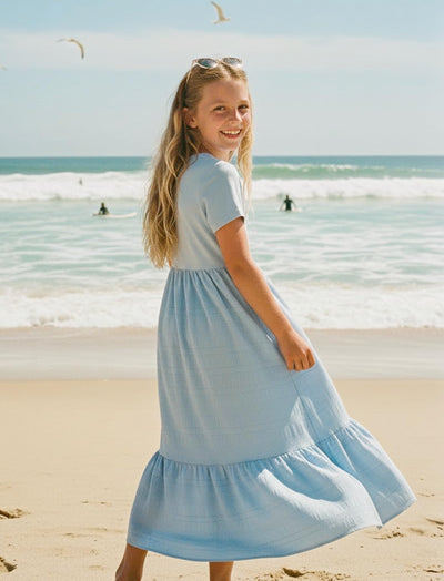PATPAT Tween Girls Dress Summer Spring Maxi Casual Short Sleeve Flowy Long Dresses with Pockets Blue Size 10-11