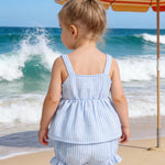 AuralBabe 6-12 Months Baby Girl Clothes 1Years Infant Girl Summer Outfits Cute Ruffle Bow Sleeveless Tops Shorts Set Blue Stripe 2Pcs for 9-12 Months Girls Clothes