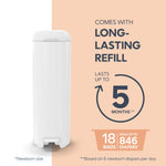 Diaper Genie Platinum Pail (Lily White) is Made in Durable Stainless Steel and Includes 1 Easy Roll Refill with 18 Bags That can Last up to 5 Months.